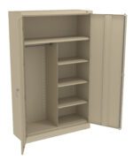 Beige metal storage cabinet with open doors. Inside, there is a hanging rod on the left, a top shelf, and four evenly spaced shelves on the right. The cabinet has a clean, industrial design and metal handles on each door.