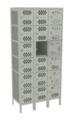 A green metal locker unit with three vertical columns and five horizontal rows, providing a total of 15 compartments. One locker door is open, revealing an empty interior. Locker doors have a lattice design for ventilation.