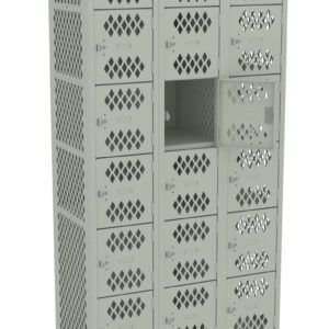 A green metal locker unit with three vertical columns and five horizontal rows, providing a total of 15 compartments. One locker door is open, revealing an empty interior. Locker doors have a lattice design for ventilation.