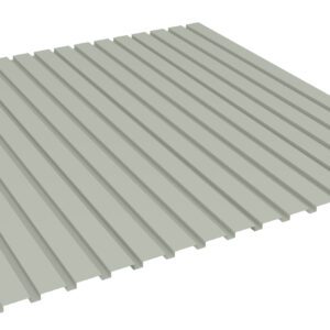 A gray, corrugated metal sheet with evenly spaced ridges is displayed at an angle against a plain white background. The sheet features symmetrical lines running parallel from one edge to the opposite edge.
