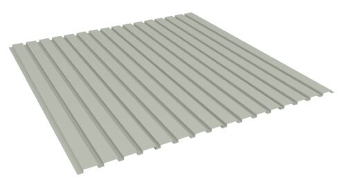 zj3ckivuffq7zuboxvx0.jpg A gray, corrugated metal sheet with evenly spaced ridges is displayed at an angle against a plain white background. The sheet features symmetrical lines running parallel from one edge to the opposite edge.