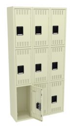 A beige locker unit with nine compartments arranged in three rows. Each compartment has a black handle. The bottom left locker door is open, showing an empty interior.