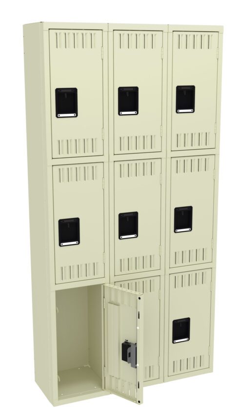 A beige locker unit with nine compartments arranged in three rows. Each compartment has a black handle. The bottom left locker door is open, showing an empty interior.