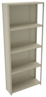 Tall metal shelving unit with five adjustable shelves and an open back design, ideal for storage and organization. The frame is beige, featuring perforated side supports for shelf customization.