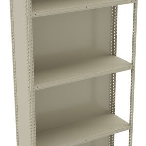 Tall metal shelving unit with five adjustable shelves and an open back design, ideal for storage and organization. The frame is beige, featuring perforated side supports for shelf customization.