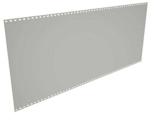 zjqirzb4ptytqcizaqcd.jpg A 3D rendering of a continuous sheet of gray printer paper with perforated edges on both sides, shown at an angle. The perforations run parallel along the length of the paper, emphasizing its use for dot matrix printers.