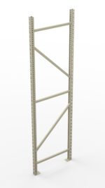 A single, tall, light gray metal shelf frame with perforated beams. It has diagonal and horizontal supports for stability, standing on a flat, white background.