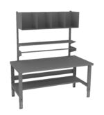 A gray, metal workbench with a flat tabletop and multiple shelves above. The top section has five open compartments, and there are two narrow horizontal shelves below them. The bench has adjustable legs and a lower shelf.