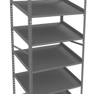 A tall, gray metal shelving unit with five empty shelves. The structure is sturdy, featuring perforated supports for adjustable shelf heights. The design is simple and industrial, suited for storage and organization.