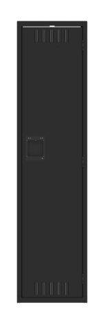 A black metal locker with a handle and ventilation slots is shown. It has a rectangular shape with a simple design, featuring hinges on the right side for the door.