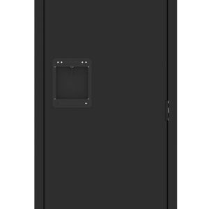 A black metal locker with a handle and ventilation slots is shown. It has a rectangular shape with a simple design, featuring hinges on the right side for the door.