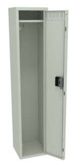 Tall, light gray metal locker with the door open, revealing an empty interior. Inside, a shelf is positioned at the top, and a single hook is visible. The locker has a black combination lock on the door.