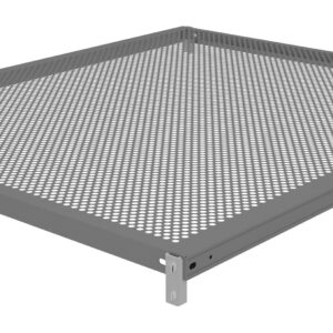 A rectangular, flat gray metal mesh tray with raised edges. The tray features a perforated surface and metal brackets at each corner for support. The mesh pattern consists of evenly spaced small circular holes.