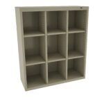 A beige, rectangular shelving unit with nine evenly spaced compartments, featuring three rows and three columns. The shelves have adjustable slots for flexibility in spacing. The unit is positioned against a plain white background.