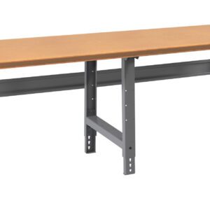 A long wooden workbench with a light brown top and dark gray metal adjustable legs. The design is simple and functional, suitable for workshops or garages. The bench has sturdy metal crossbars for added support.