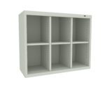A 3D rendering of a beige storage shelf with six square compartments, arranged in two rows of three. The shelf has adjustable holes on the sides, suggesting customizable shelf heights.