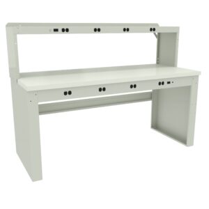 A white laboratory workbench with a top shelf, designed for utility. The bench features multiple electrical outlets along the back edge of the work surface and the shelf, suitable for laboratory or technical work environments.