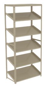 A tall, beige metal shelving unit with six empty shelves, featuring a sturdy frame and adjustable shelf heights, designed for storage and organization.