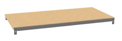 A flat rectangular platform with a light brown wooden surface and a gray metal frame.