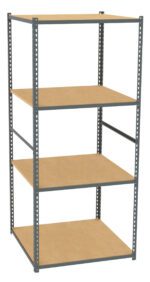 A metal shelving unit with four wooden shelves, evenly spaced and supported by a metal frame. The structure is simple and industrial, suitable for storage in garages, warehouses, or utility spaces.
