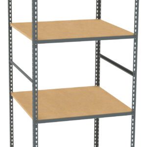 A metal shelving unit with four wooden shelves, evenly spaced and supported by a metal frame. The structure is simple and industrial, suitable for storage in garages, warehouses, or utility spaces.