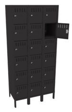 A black metal locker unit with three columns and six rows of small compartments. Each compartment has a numbered lock, and one door is open, showing the empty interior.