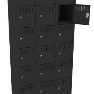 A black metal locker unit with three columns and six rows of small compartments. Each compartment has a numbered lock, and one door is open, showing the empty interior.