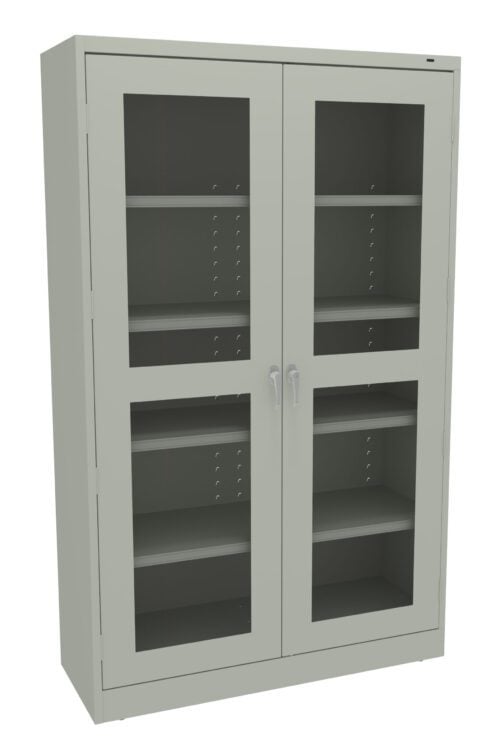 A tall, gray storage cabinet with two glass doors and four shelves. The doors have metal handles and the shelves are evenly spaced. The cabinet is empty and stands upright against a plain white background.