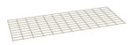 A beige, rectangular metal grid with evenly spaced square holes, lying flat at an angle. The grid pattern is consistent throughout, creating a series of parallel and perpendicular lines.