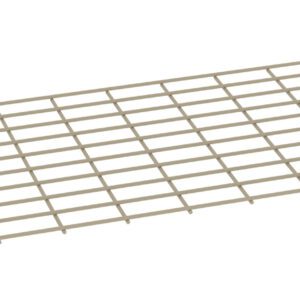 A beige, rectangular metal grid with evenly spaced square holes, lying flat at an angle. The grid pattern is consistent throughout, creating a series of parallel and perpendicular lines.
