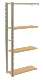 A metal shelving unit with four wooden shelves is shown against a white background. The frame is made of metal with a light beige color, and it features adjustable slots for arranging the shelves at different heights.
