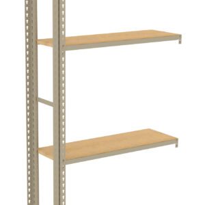 A metal shelving unit with four wooden shelves is shown against a white background. The frame is made of metal with a light beige color, and it features adjustable slots for arranging the shelves at different heights.