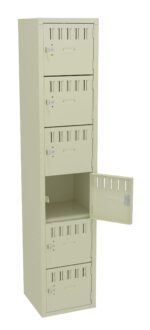 A beige metal locker with six compartments. Each compartment has a vented door, and one door is open, revealing an empty interior. The locker stands upright against a white background.