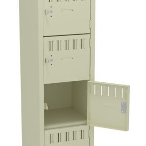 A beige metal locker with six compartments. Each compartment has a vented door, and one door is open, revealing an empty interior. The locker stands upright against a white background.