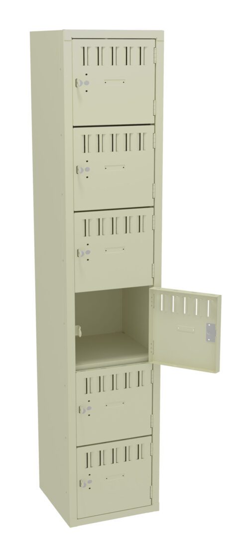 A beige metal locker with six compartments. Each compartment has a vented door, and one door is open, revealing an empty interior. The locker stands upright against a white background.