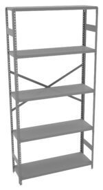 A tall, empty, gray metal shelving unit with five shelves. It has adjustable anchors and a cross-brace for support. The design is simple and functional, suitable for storage in various spaces.
