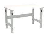 A 3D rendering of a simple, rectangular workbench with a white tabletop and grey metal legs. The design is minimalistic and industrial, suitable for workshops or garages.
