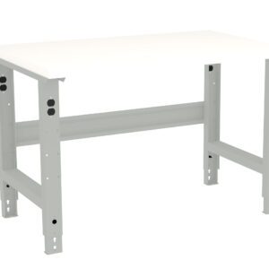A 3D rendering of a simple, rectangular workbench with a white tabletop and grey metal legs. The design is minimalistic and industrial, suitable for workshops or garages.