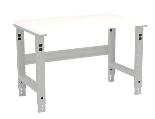 A 3D rendering of a simple, rectangular workbench with a white tabletop and grey metal legs. The design is minimalistic and industrial, suitable for workshops or garages.