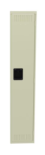 A tall, beige metal locker with a small black handle and vented sections at the top and bottom. The locker door is closed, and the image background is plain white.