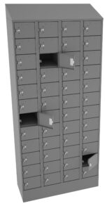 A large gray locker unit with multiple small compartments, some of which are open, showing silver lock mechanisms inside. The lockers are arranged in rows and columns, with a slanted top.