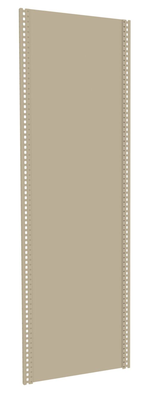 A beige metal shelving panel with perforated edges for adjustable shelving. The panel is tall and rectangular, designed for use in storage systems or shelving units.