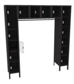 A large, black, rectangular shelving unit with multiple small locker-style compartments and a central open space with a hanging rod. One locker door is slightly ajar, revealing its interior.