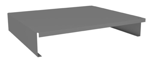 A gray, rectangular, metal desk monitor stand with a minimalist design. The stand has a flat surface on top and two perpendicular side supports, elevating it above the ground.