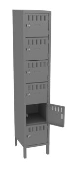Tall gray metal locker with six compartments, each featuring ventilation slats and a circular handle. The lower compartment is open, showing an empty interior. The locker stands on four legs.