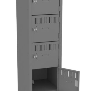 Tall gray metal locker with six compartments, each featuring ventilation slats and a circular handle. The lower compartment is open, showing an empty interior. The locker stands on four legs.