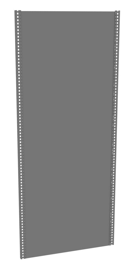 zqdabbu5ouiml5h6he2a.jpg A tall, rectangular gray shelving unit with perforated metal side supports, designed for storage and organization. The front is plain, without shelves, showcasing its sleek and modern industrial design.