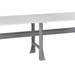 A long, sturdy workbench with a light gray tabletop and metallic gray legs. The design features a support beam across the length underneath the table. Ideal for workshops or industrial settings.