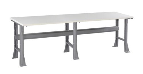 A long, sturdy workbench with a light gray tabletop and metallic gray legs. The design features a support beam across the length underneath the table. Ideal for workshops or industrial settings.