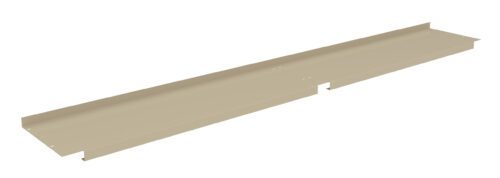 zqeg085gceegeg12ppsx.jpg Beige metal sheet with a long, narrow, and rectangular shape. It has upward-folded edges along the sides and notches on one end, creating an L-shaped profile suitable for construction or architectural purposes.